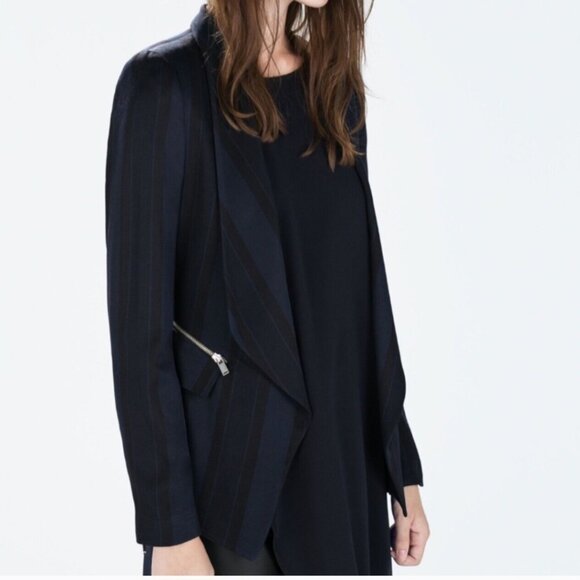 ZARA Navy Striped Wrap Waterfall Draped Blazer Jacked Coat with Zippers (Size S) - Picture 2 of 7